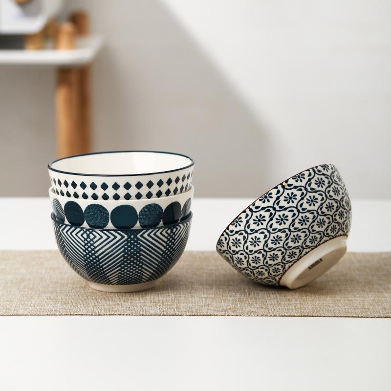 Set of 5 Bowls Ceramic Dinner Bowls 4.5inch Blue Porcelain Rice Soup Oatmeal Bowl with Gift Box Microwave Safe