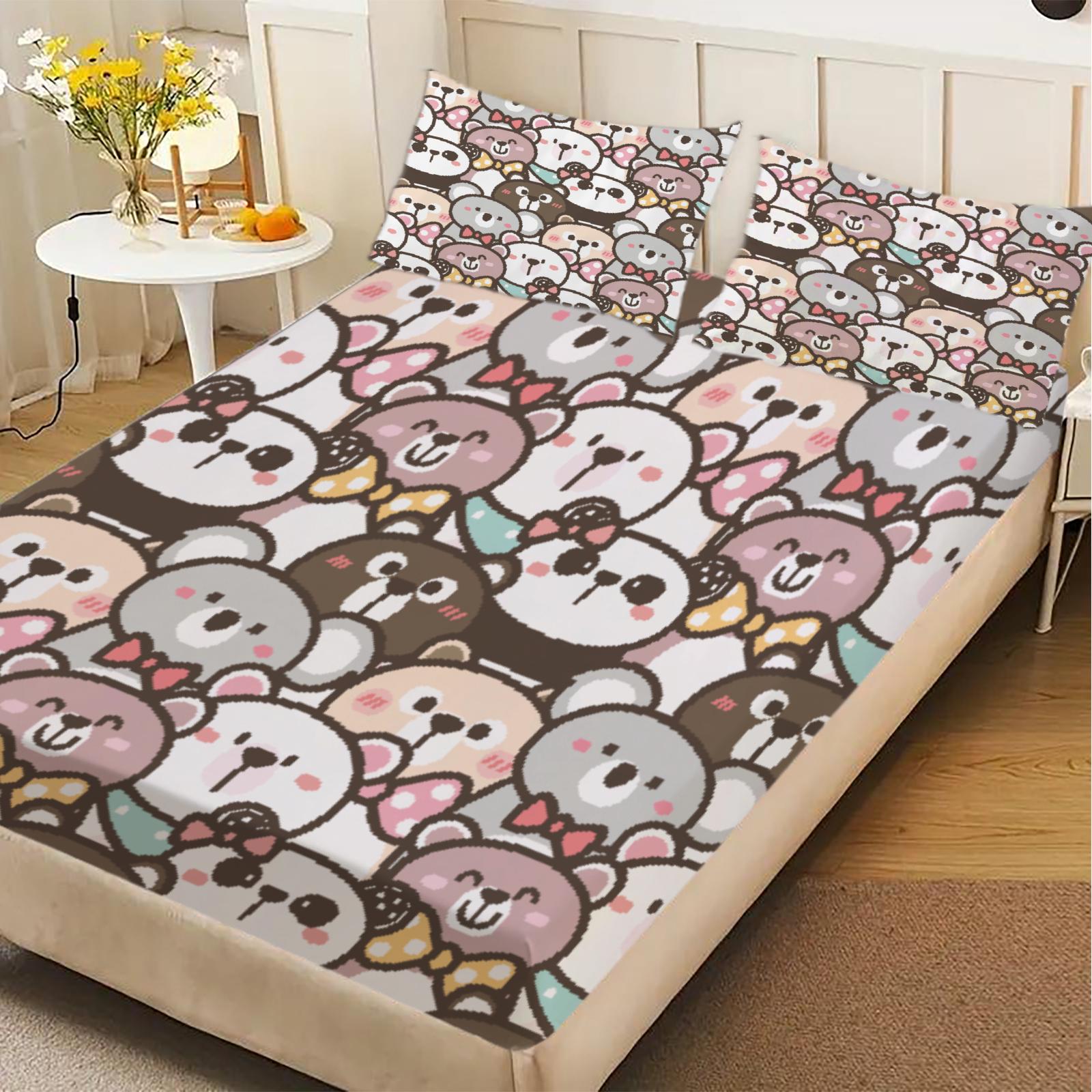

3pcs Fitted Sheet Set Cute Cat Faces Pattern Print Easy Care Anti-Slip Bed Sheet With Pillowcases For Bedroom Decor 99x190x25cm