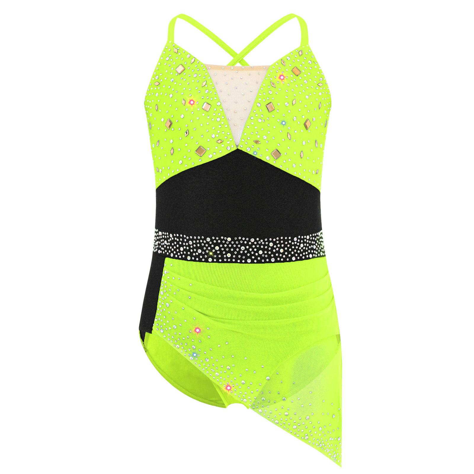 

Сукня для фігурного катання для дівчаток з перехрещеною спинкою, на бретелях-спагеті, зі стразами, з драпіруванням, асиметрична сітчаста сукня 5-6 Years флуоресцентний жовтий колір