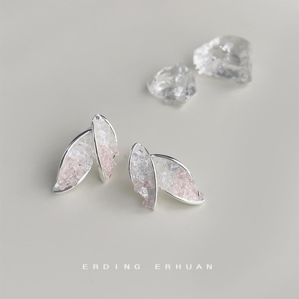 Summer new 2025 super fairy forest glass crystal ins sweet fresh leaves silver needle earrings earrings