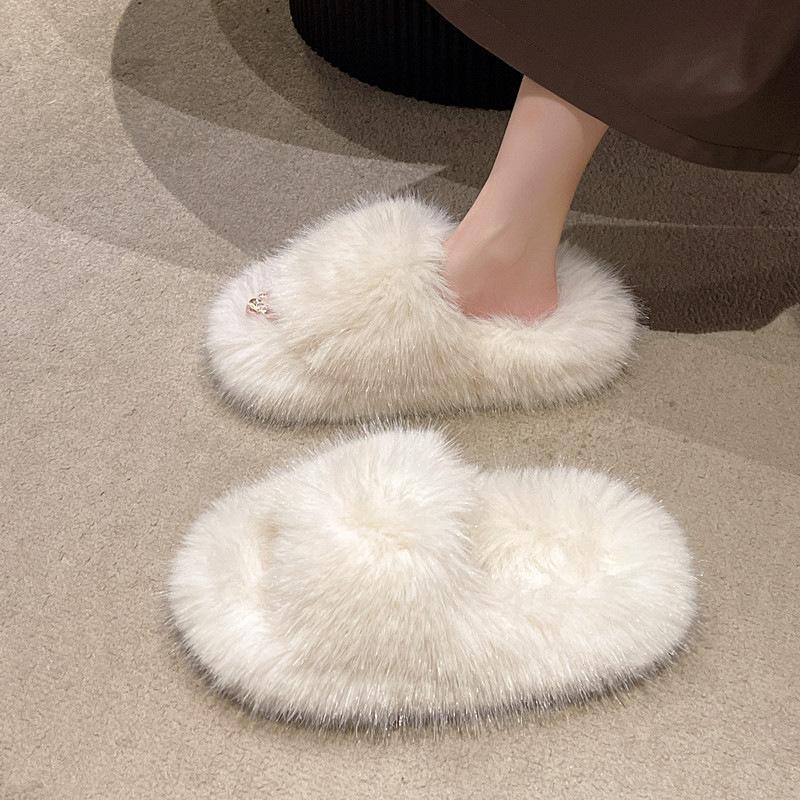 2023 European and American New Fluffy Slippers Women's Autumn and Winter Home Plush Warm Imitation Fur Plush Cotton Slippers