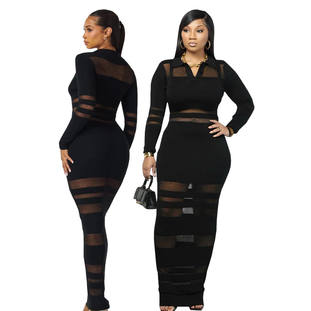 TW823 European and American Women's High-End Mesh Splicing Slim-Fit Waist-Cinched Long Dress for Autumn and Winter