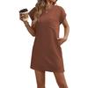 Women's Round Neck Cap Sleeve Mini Dress Straight Fit Pocket Textured Knit Tunic Dress