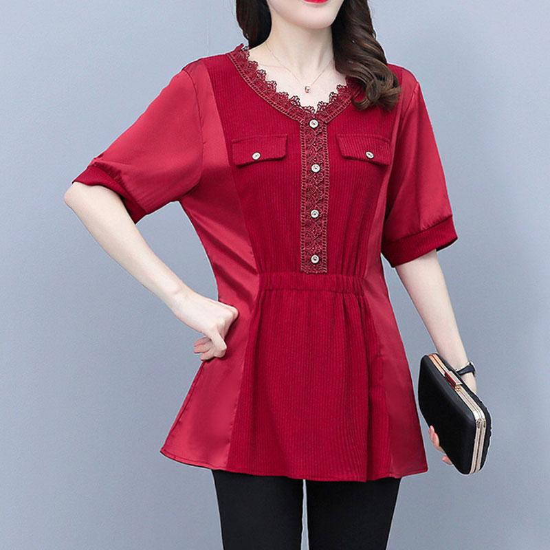 

2023 Лето Повседневная Однотонная Рубашка с Коротким Рукавом и Сборками Элегантная Кружевная Вставка Женская Одежда Стильная Блузка с Пуговицами и Ажурным Узором M красный