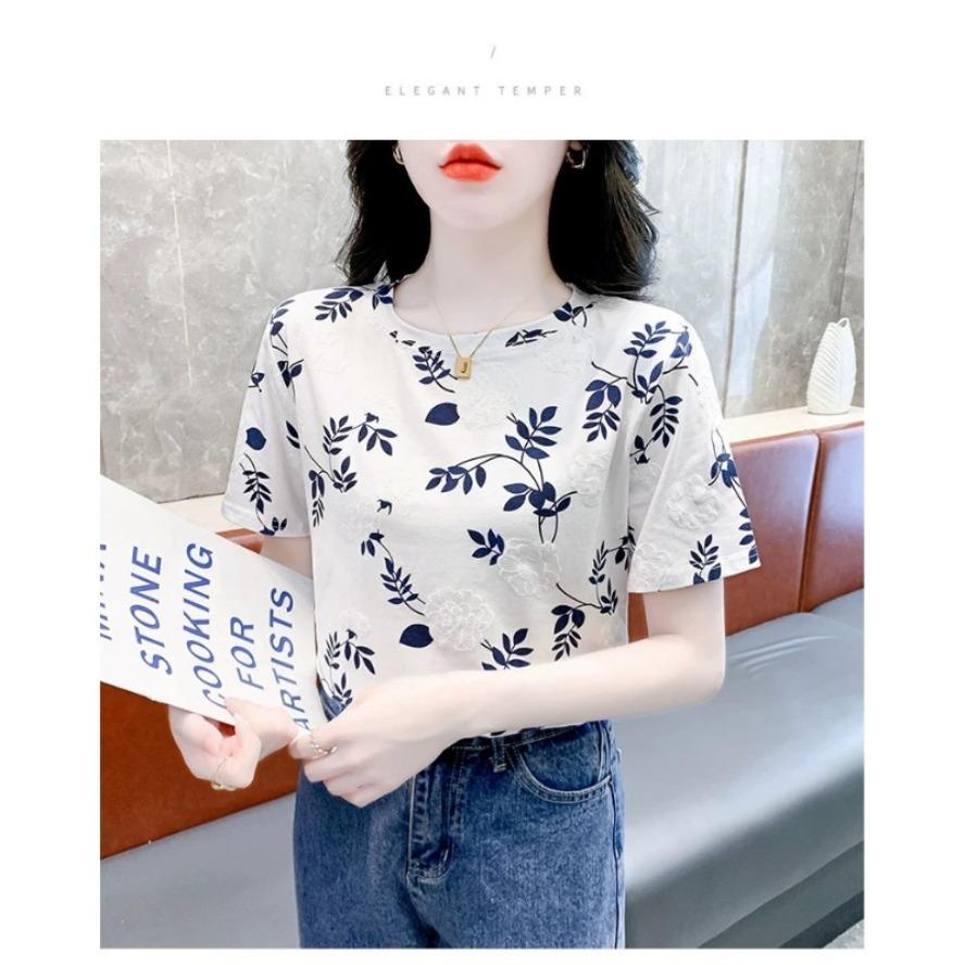 Damemote Uformelt sommer-vårblomstmønster med kortermet bluser og skjorter med o-hals