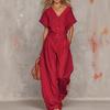 2026 Retro Unifarbenes V-Ausschnitt Kurzarm Top & Weitbeinige Hose Set für Frühling/Herbst