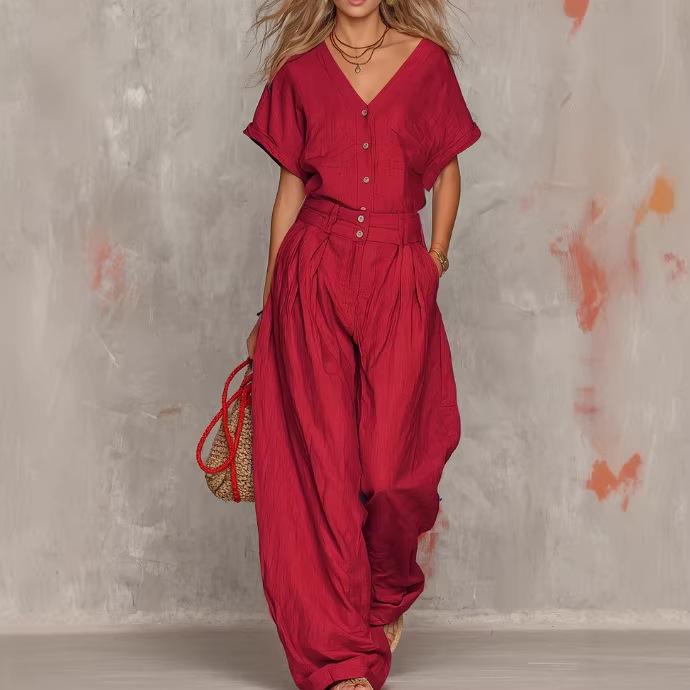 2026 Retro Solid V-neck Short-sleeve Top & Wide-leg Pants Set for Spring/Autumn