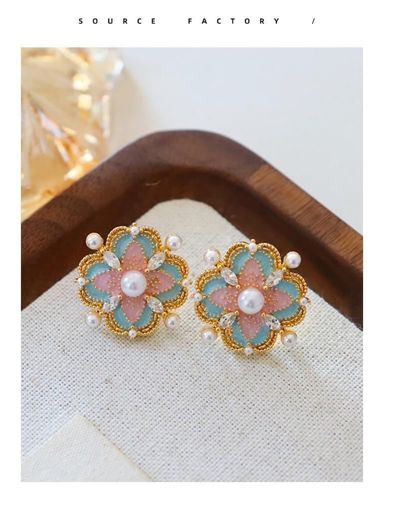 Vintage French Blue Enamel Flower Pearl Earrings - Light Luxury Retro Style for Women