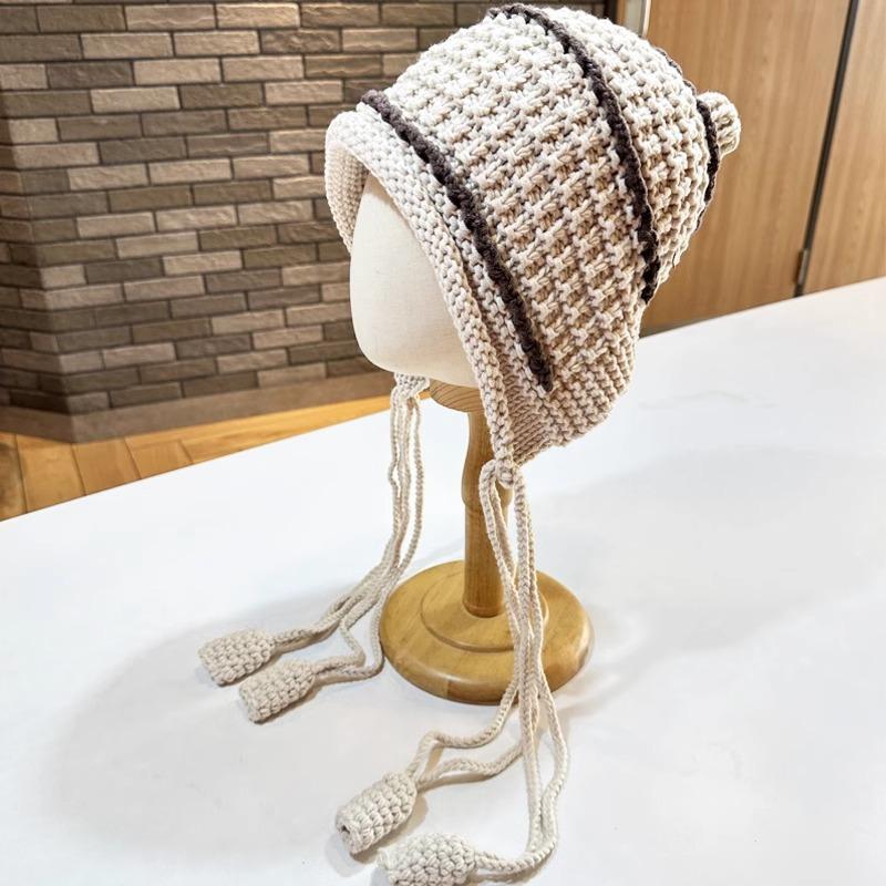 Japanische handgewebte gestrickte Wollmütze mit Fransen für Kinder, verdickt warm und vielseitig im Herbst und Winter, Studenten-Ohrenschutz-Schlupfmütze