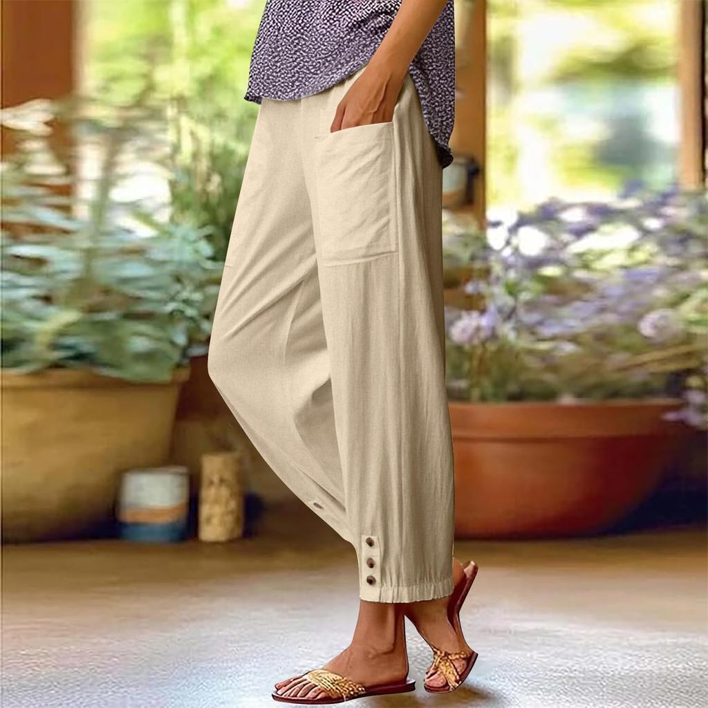 Women's Fashion Color Loose High Waist Button Pocket Cotton And Hemp Pants Nine Point Casual Pants