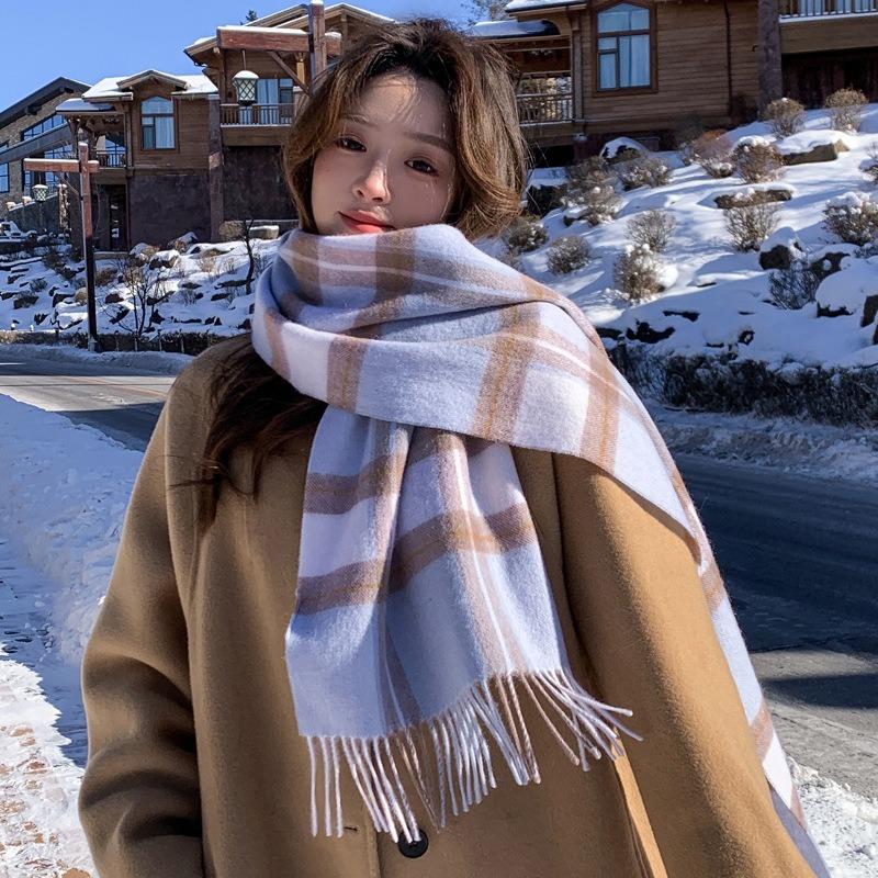 Blue wool scarf women's winter plaid new high-end feeling to give girlfriend girl gift scarf