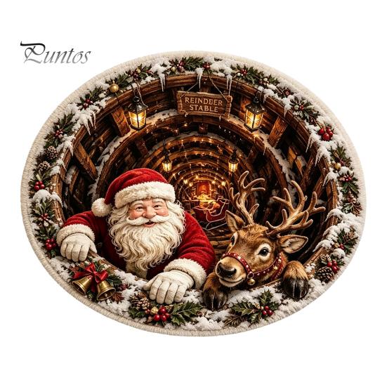 Winter Welcome Mat 3D Christmas Round Rug, Optical Illusion Area Santa Claus Deep Hole Festive Indoor Floor Prints, Non-slip Rug for Entrance