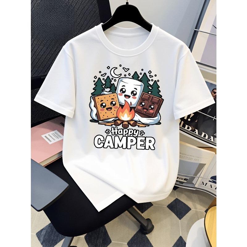 European sizes Boys' T-Shirt Happy Camper Marshmallow S' Mores Fire, Ideal for Outdoor Activities, Soft Knitted Top, Comfortable And Breathable