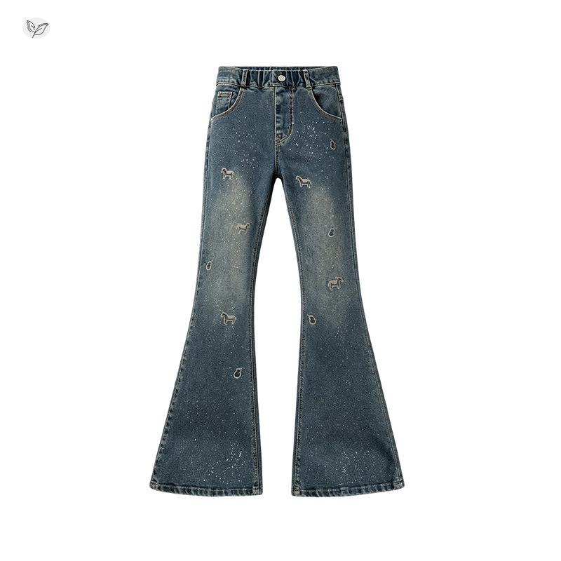 2026 Autumn Girls' Embroidered Rhinestone Denim Retro Micro-Flare Pants for Middle & Big Kids