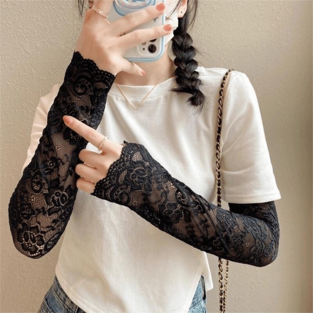 Mesh Lace Sun Protection Arm Sleeves Breathable Floral Embroidery Fingerless Long Sunscreen Elastic Sleeve Arm Warmers
