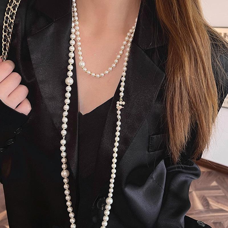 French retro zircon digital pearl necklace accessories women's beaded sweater chain light luxury items