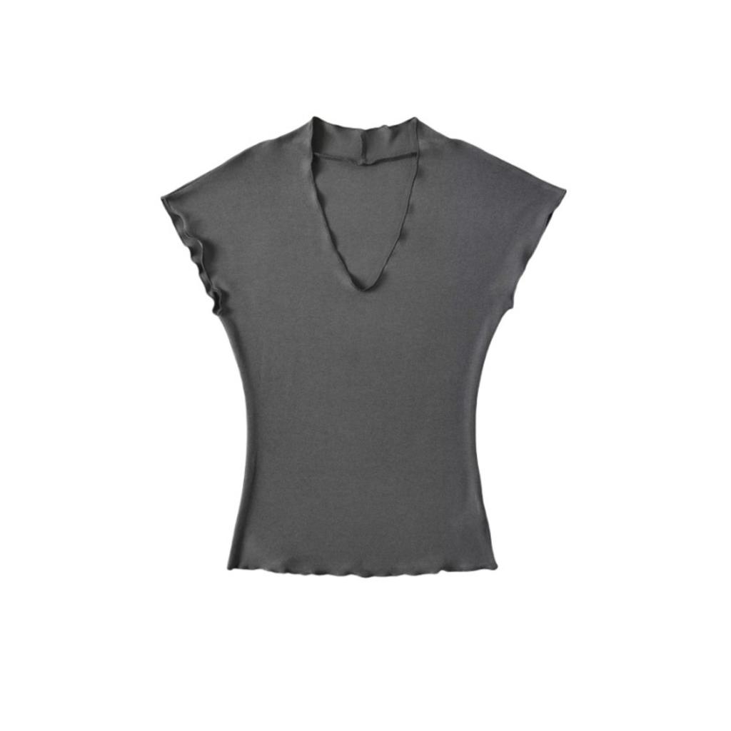 Damen V-Ausschnitt Kurzarm T-Shirt Slim Fit Einfarbig Basic Lässiges Tee Top