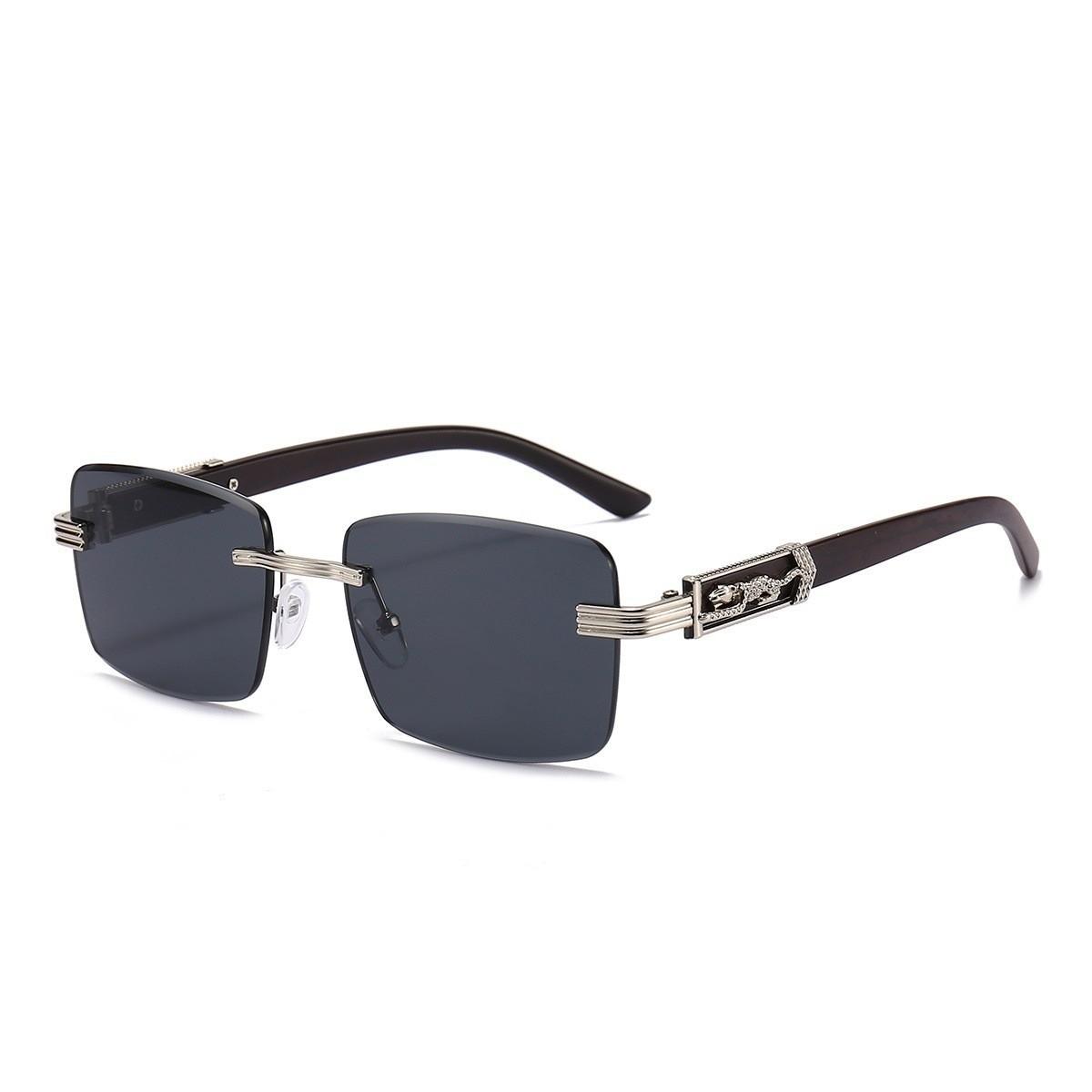 Wood Grain Legs Cheetah Decorative Goggles Colorful Vintage Frameless Rectangular Leopard Head Metal Sunglasses