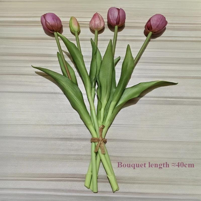 5pcs Artificial Flowers Soft Tulip Fake Flower Real Touch Home Garden Table Wedding Decoration Simulation 5-Head Tulips Bouquet
