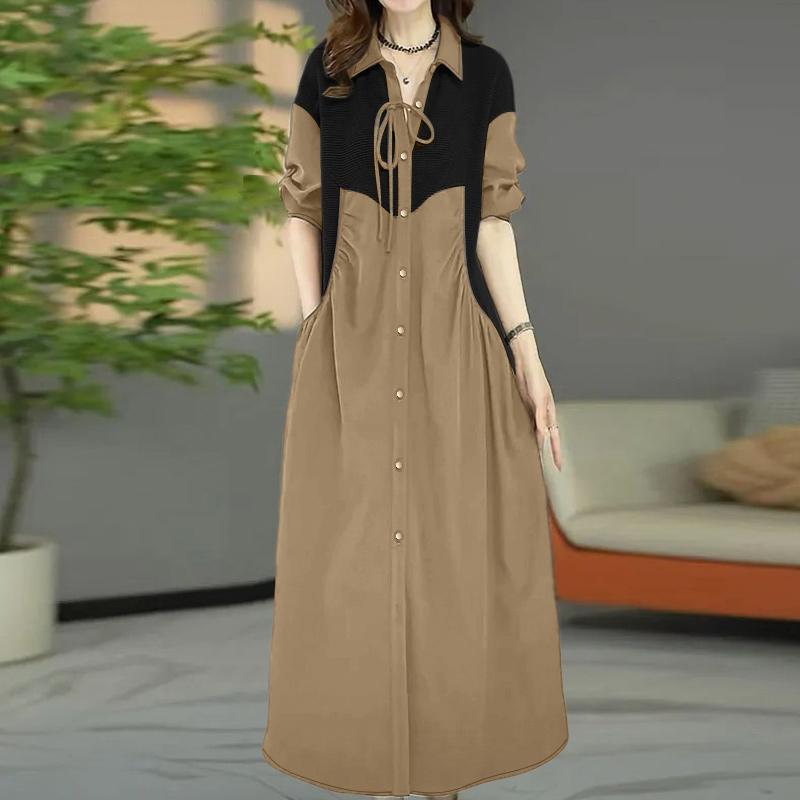 ZANZEA Women Casual Turn Down Collar Long Sleeve Loose Patchwork Dress