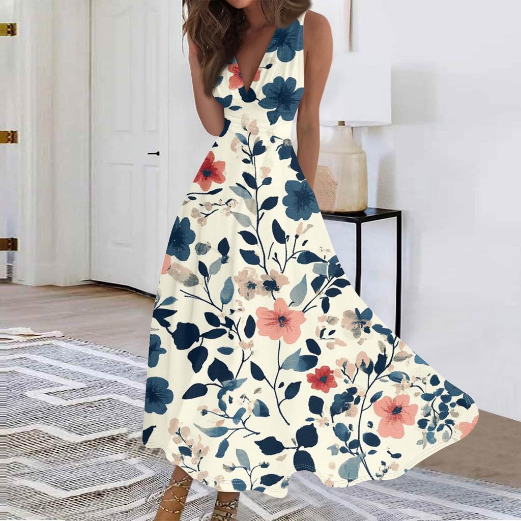 Mote dame avslappet løs V-hals ermeløs trykt kjole