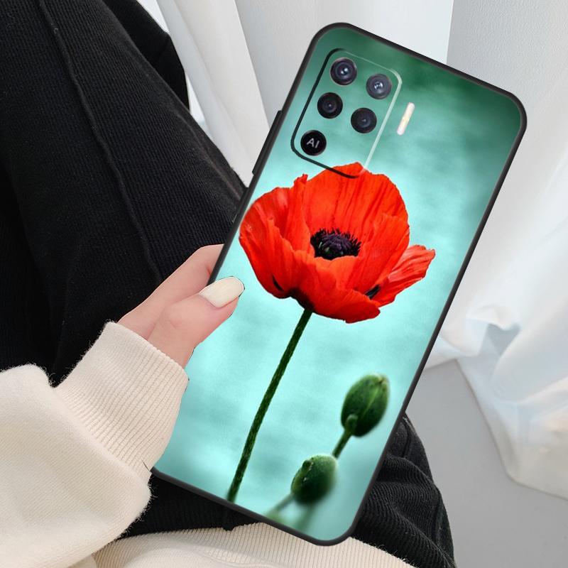 Red Corn Poppy Flower Case For Oppo A18 A38 A58 A78 A98 A80 A60 A40 A96 A76 A16 A94 A74 A54 A15 A17 A57 A77 A5 Pro