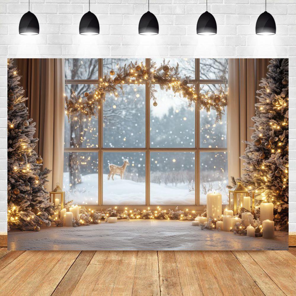 Christmas Elk Decoration 2025 Backgrounds For Photographs Window Curtains Christmas Tree Gift Box Family Party Portrait Backdrop