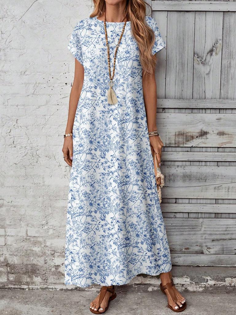 Casual Versatile Patterned Summer Dress For Women,Casual Women's Dresses Short Sleeve Modest Bohemian Maxi Floral Print