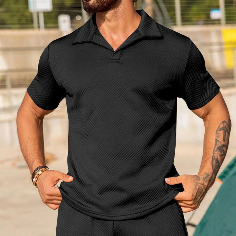 Men Textured Solid Polo Shirt Turn Down Collar Short Sleeve Casual Slim Fit Daily Sport Fashion Tops