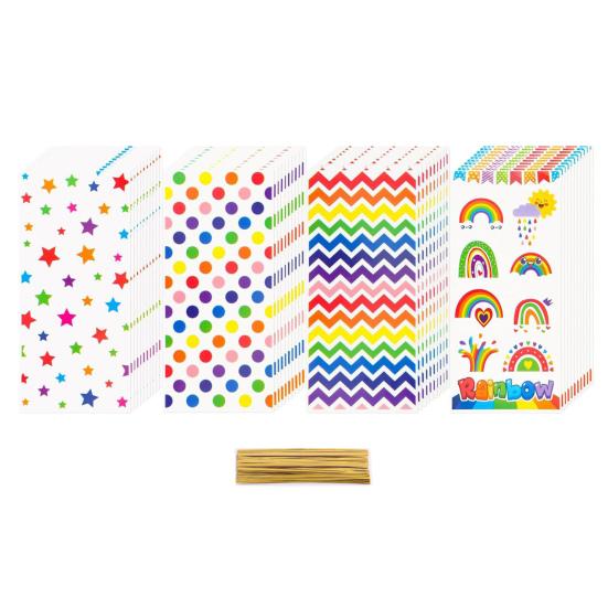 100Pcs Colorful Candy Bags Assorted Dot Stripe Star Pattern Cellophane Treat Bags