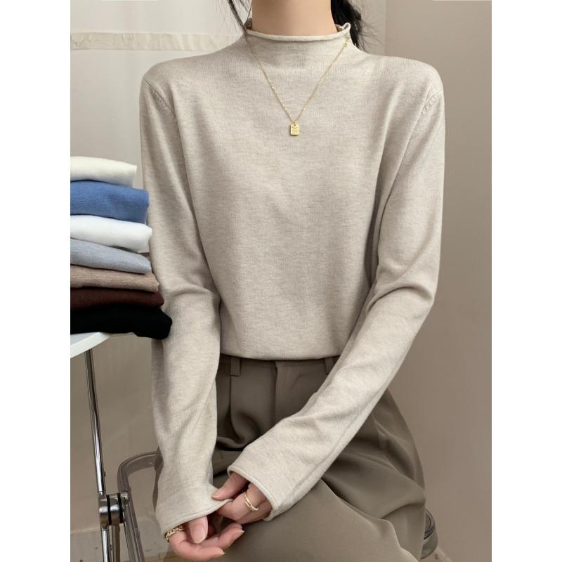 Spring black sweater women's high-end crimped inside knitted top semi-turtleneck temperament versatile bottoming shirt