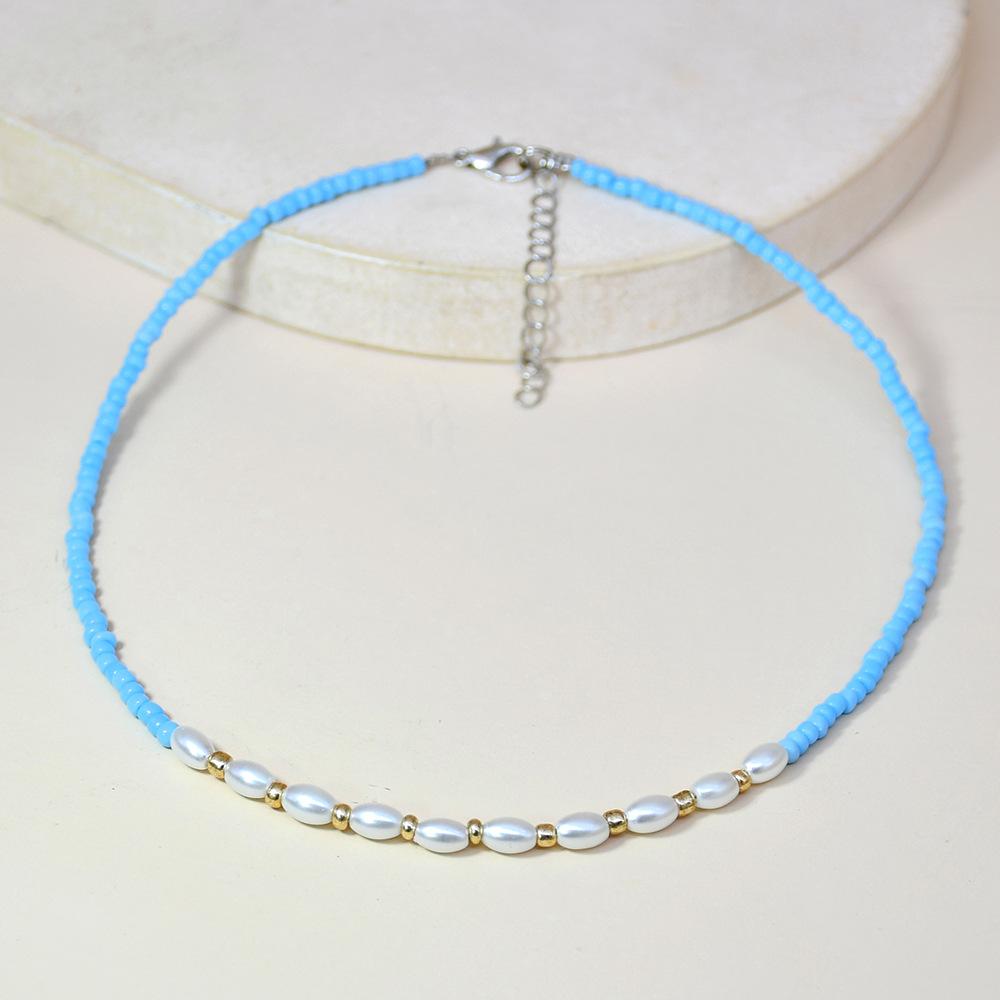 Blue Rice Bead Beaded Necklace Bohemian Style Handmade Female All-match Stacked Clavicle Chain