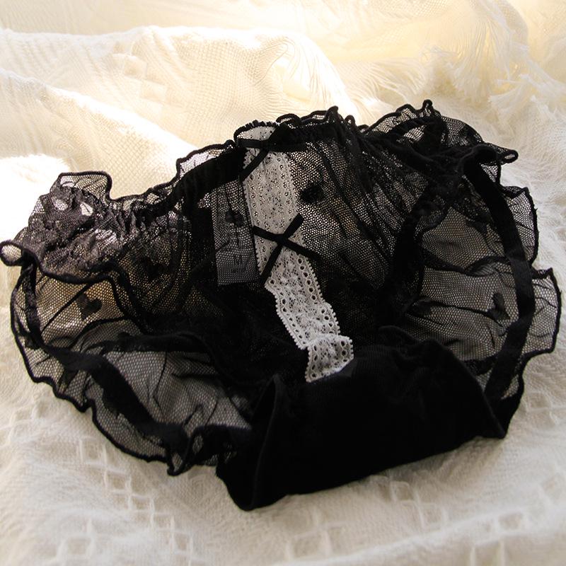 Black Women's Lace Mid-Waist Bow Mesh Panties - 620 Series