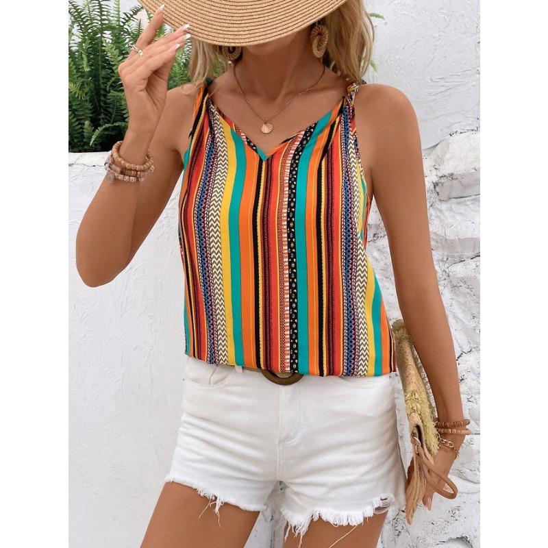 Damen Boho Streifenprint V-Ausschnitt Ärmelloses Cami-Top
