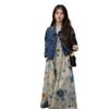 Spring 2025 Ink Print Dress & Denim Jacket Set - Age-Defying Fashion