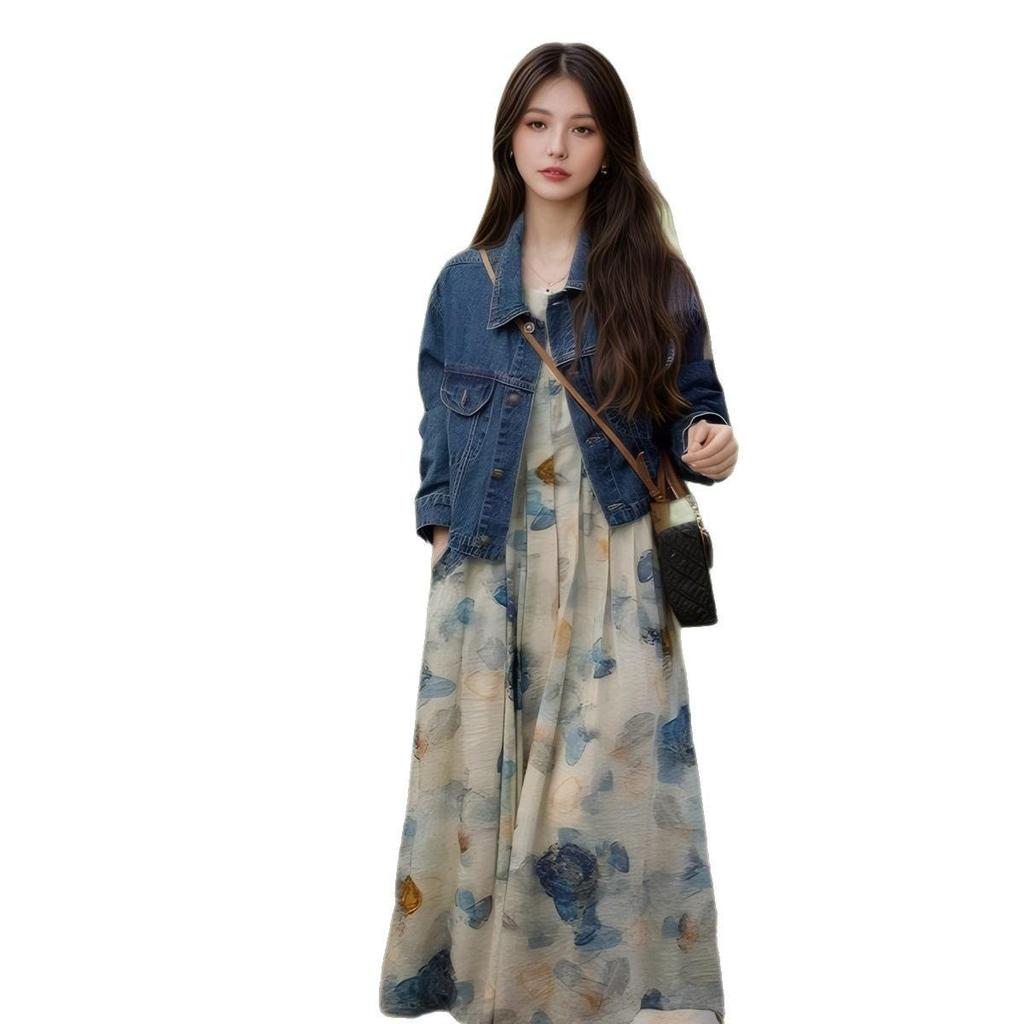 Spring 2025 Ink Print Dress & Denim Jacket Set - Age-Defying Fashion