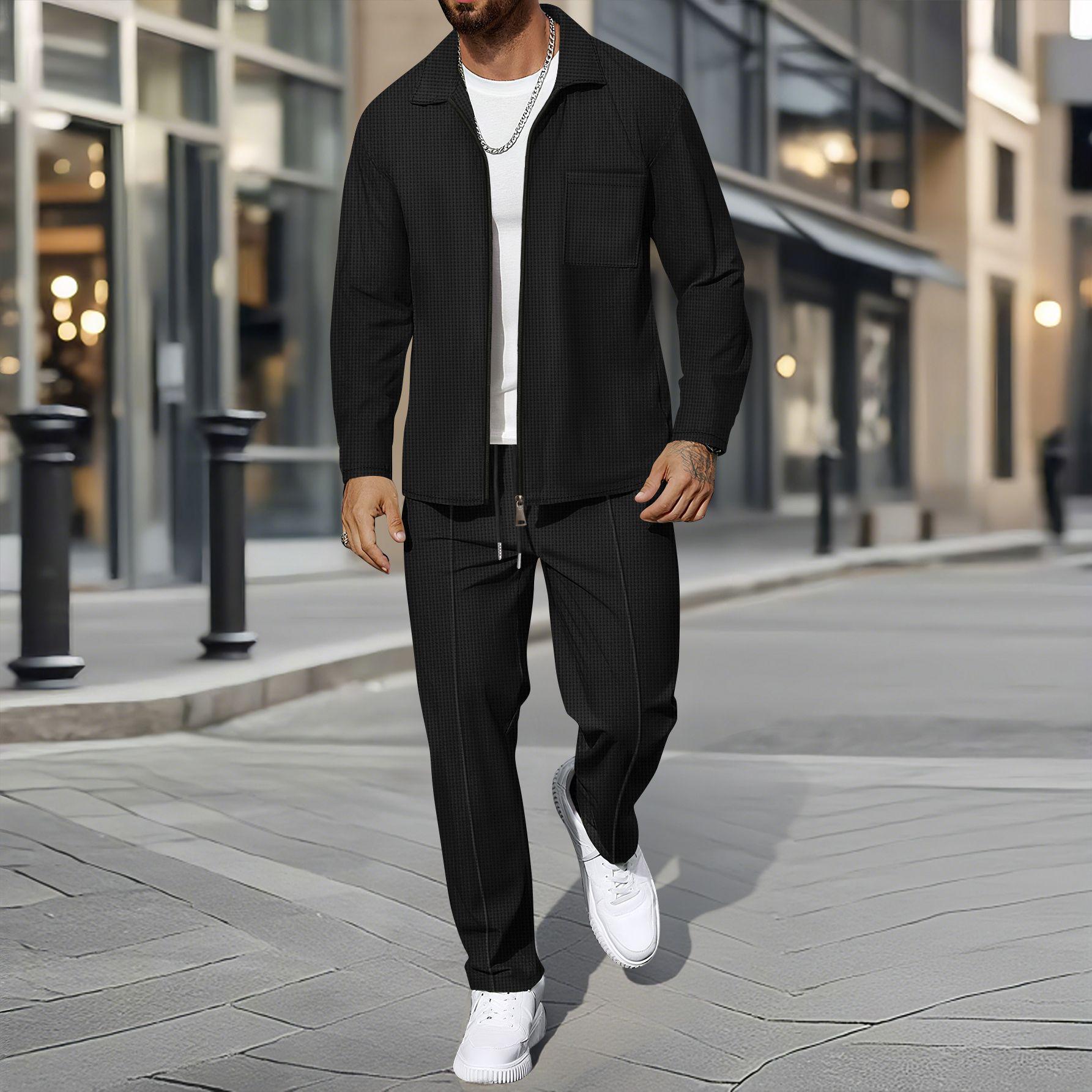 

2025 Men s Autumn Waffle Texture Lapel Zip Pocket Cardigan Jacket XXL чёрный