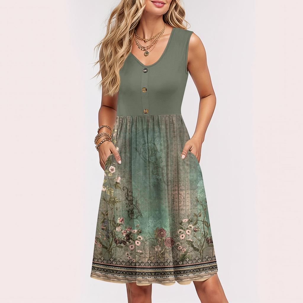 Women Summer Dresses Sleeveless Casual Loose Swing Button Down Midi Sundress With Pockets
