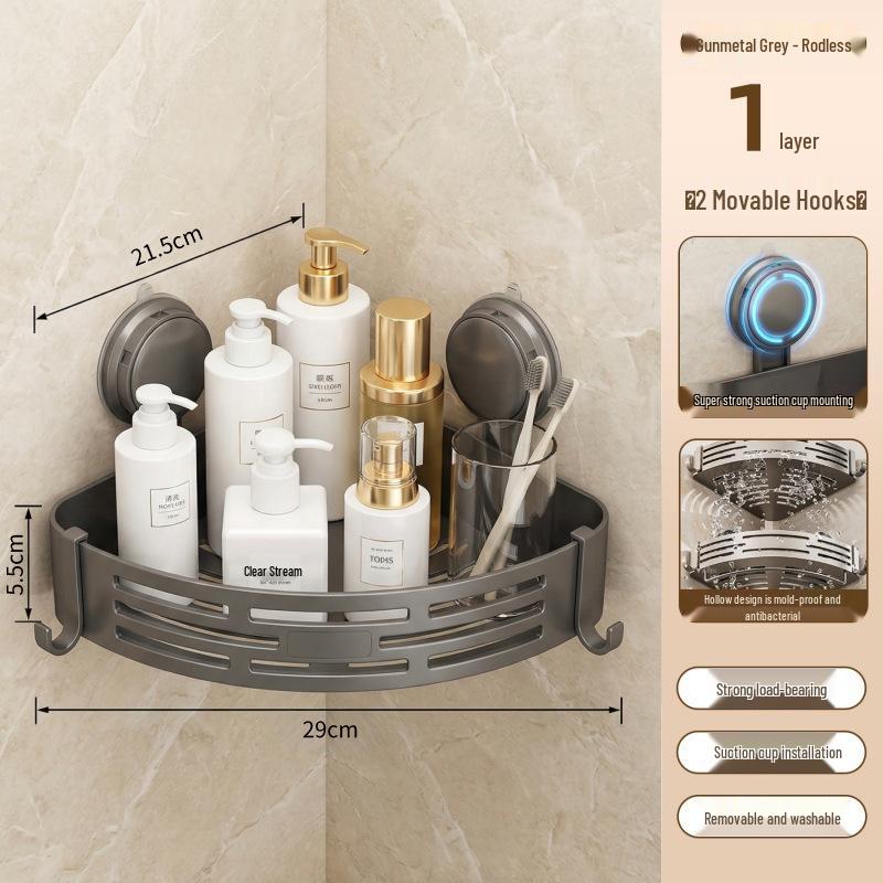 Gunmetal Grey No-Drill Bathroom Corner Suction Shelf