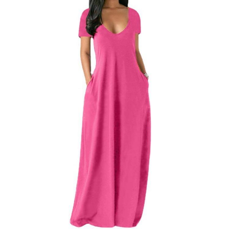 2021 Summer Women Plus Size Solid Color Maxi Dress Sexy Deep V Neck Short Sleeve Style