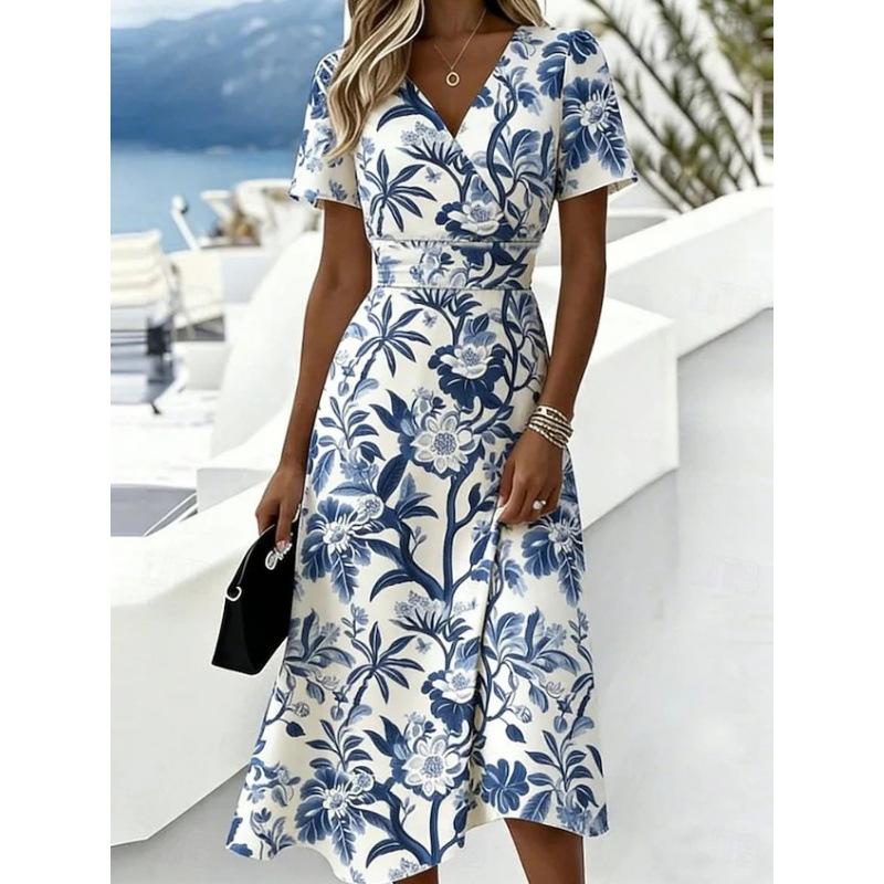 Vestido Midi Floral de Manga Corta con Cuello en V para Mujer Ropa Casual de Vacaciones