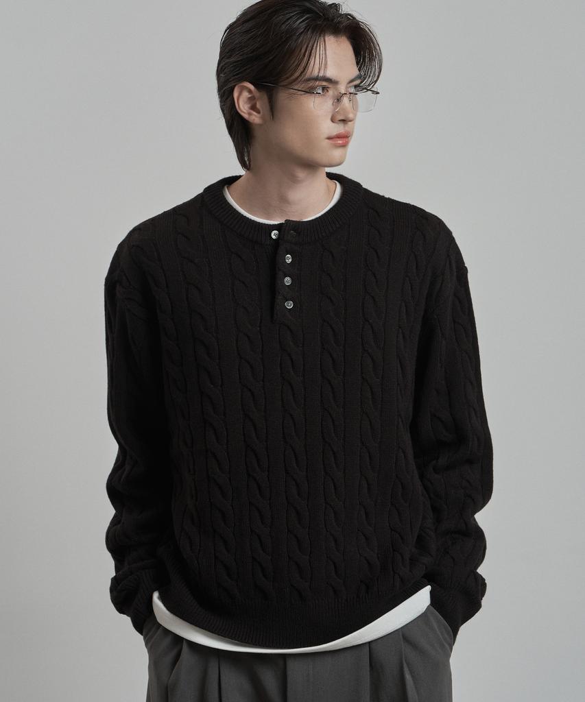 WORK ON BODY OFF Tord Semi-Overfit Cable Henley Neck Knit [Black]