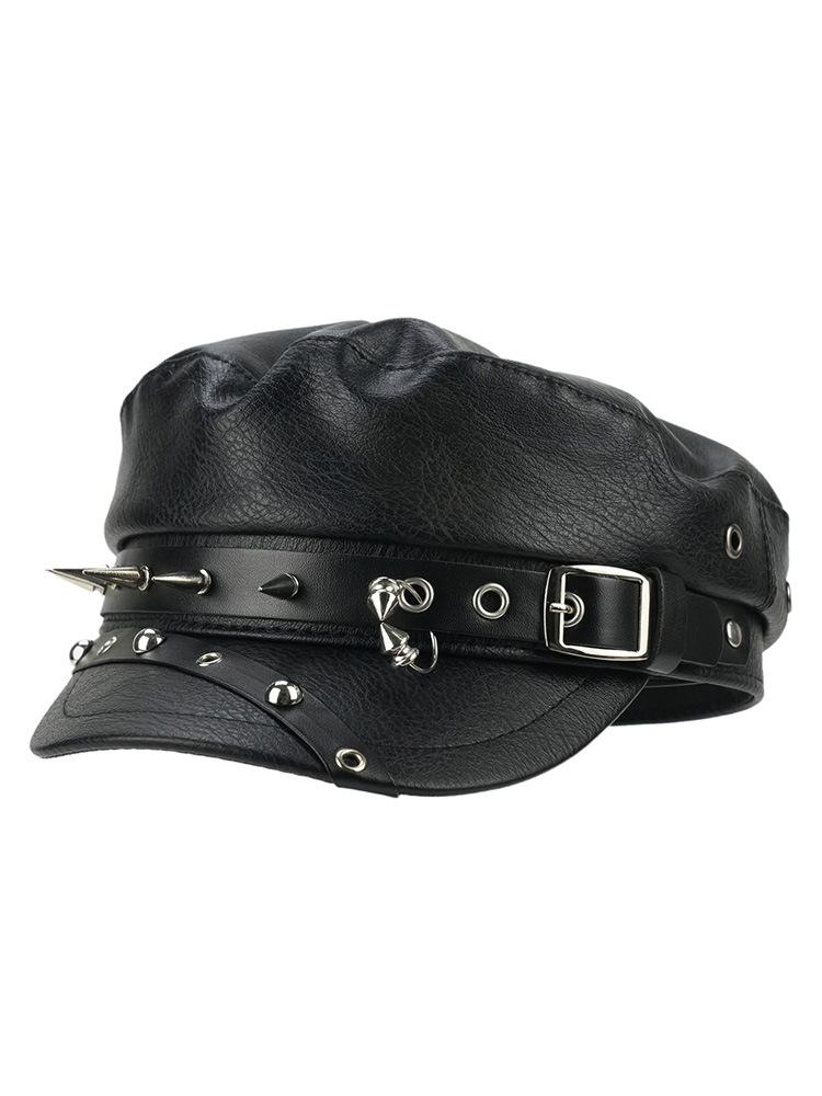 

Нишевый темный панк-стиль заклепки ПУ кожаный берет женская индивидуальность горячая девушка кожаная пряжка ретро уличная восьмиугольная шляпа тренд One size fits all чёрный
