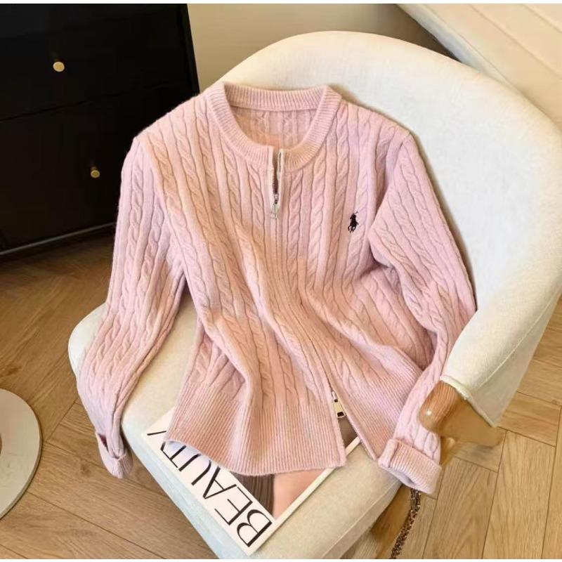 Autumn and winter new double zipper twist embroidered knitted cardigan women's round neck long sleeve age-reducing sweater jacket versatile top
