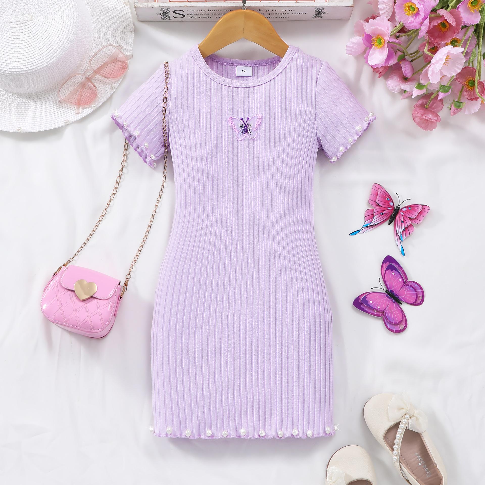 

2026 New Summer Style Casual and Versatile Solid Color Pit Short-sleeved Pearl Butterfly Dress 23Y фіолетовий