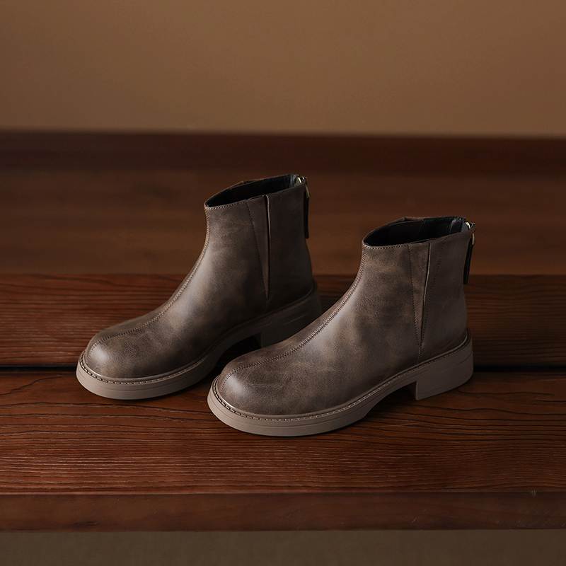 Krazing Pot Cow Skin Round Toe Thick Heels Motorcycle Boots Size 42 Back Zip Women Keep Warm Ankle Boots