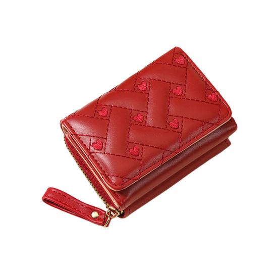 Women Stylish Tri-Fold Wallet Embroidered Heart Cash Wallet Mini Card Holder Wallet with Zippered Coin Pocket for Dating Shopping