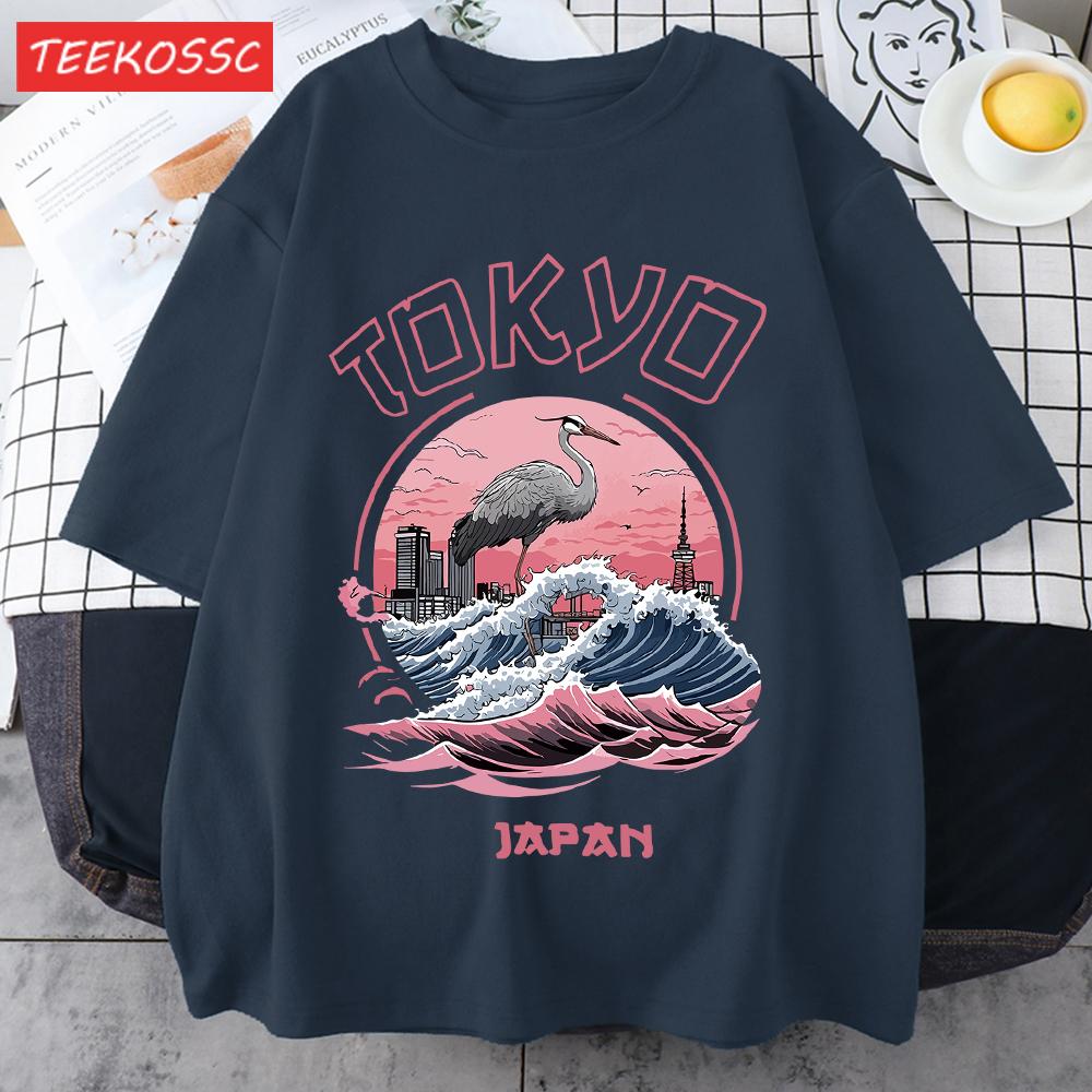 Tokyo Japan Harajuku Crane Waves Men TShirt AllMatch Casual Short Sleeve Cotton Summer Tee Male Hip Hop ONeck Streetwear