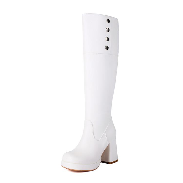 Fashion New Black White 9.5cm High-heel Knee High Boots European American Winter Fashion Round Toe Solid Color Women Boots Size 34-48