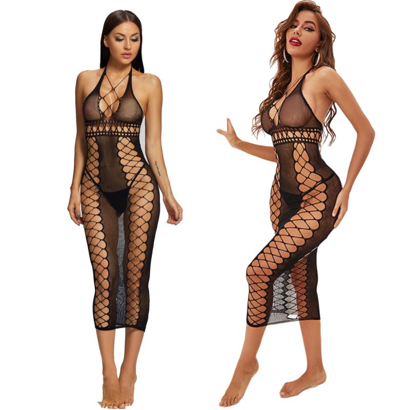 Womens One Piece Bodysuit Mesh Halter Long Dress Sexy Fishnet Dress Lingerie Backless Sexy Stocking Sexy Lingerie Dress Costumes